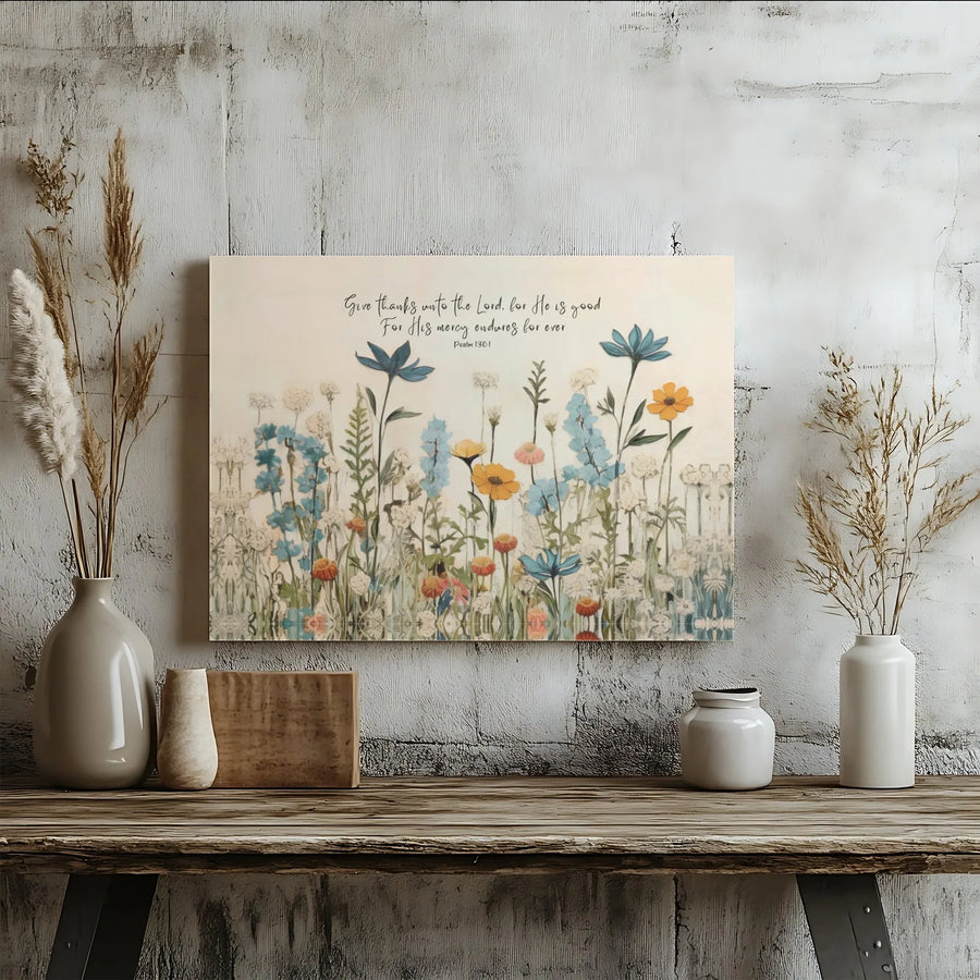 Psalm 136:1 Canvas Print | Wildflower Botanical Scripture Wall Art | Premium Gallery Wrapped Canvas | Christian Home Decor Gift