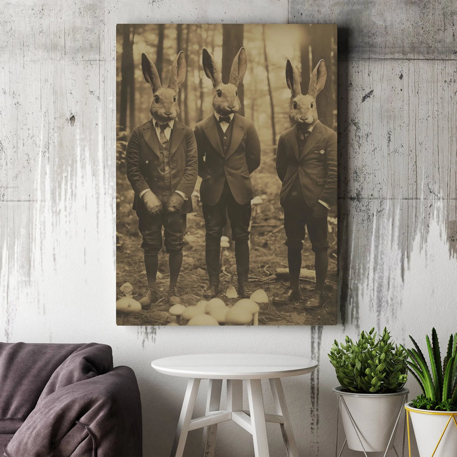 Rabbit Gentlemen Canvas Wall Art | Vintage Victorian Anthropomorphic Animal Print | Premium Gallery-Wrapped Portrait | Unique Maximalist Home Decor Gift