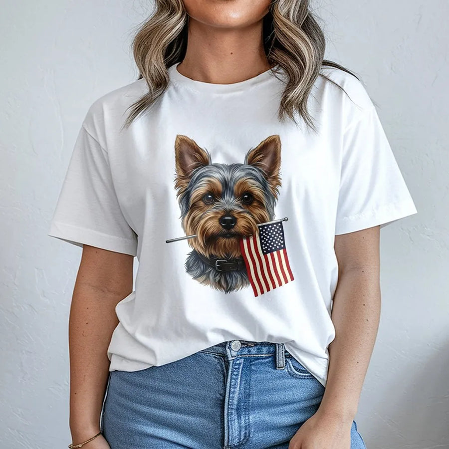 Yorkshire Terrier 4th of July T-Shirt | Patriotic Yorkie with American Flag | Premium Cotton-Blend Pullover | Independence Day Gift for Dog Lovers