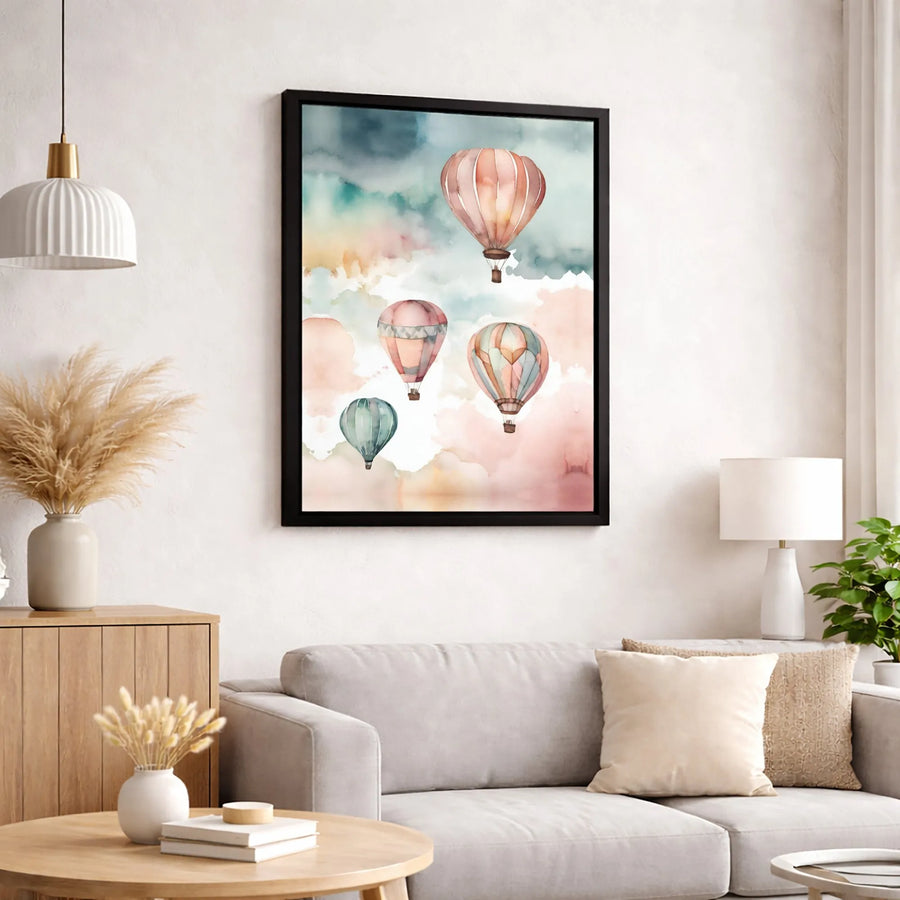Hot Air Balloon Canvas Wall Art | Watercolor Pastel Sky Landscape | Premium Fade-Resistant Gallery Wrap | Nursery & Home Decor Gift