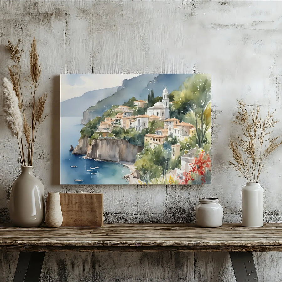 Mediterranean Seaside Village Canvas Print | Watercolor Coastal Amalfi Coast Landscape | Gallery Quality Wrapped Canvas | Travel Inspired Home Decor Wall Art