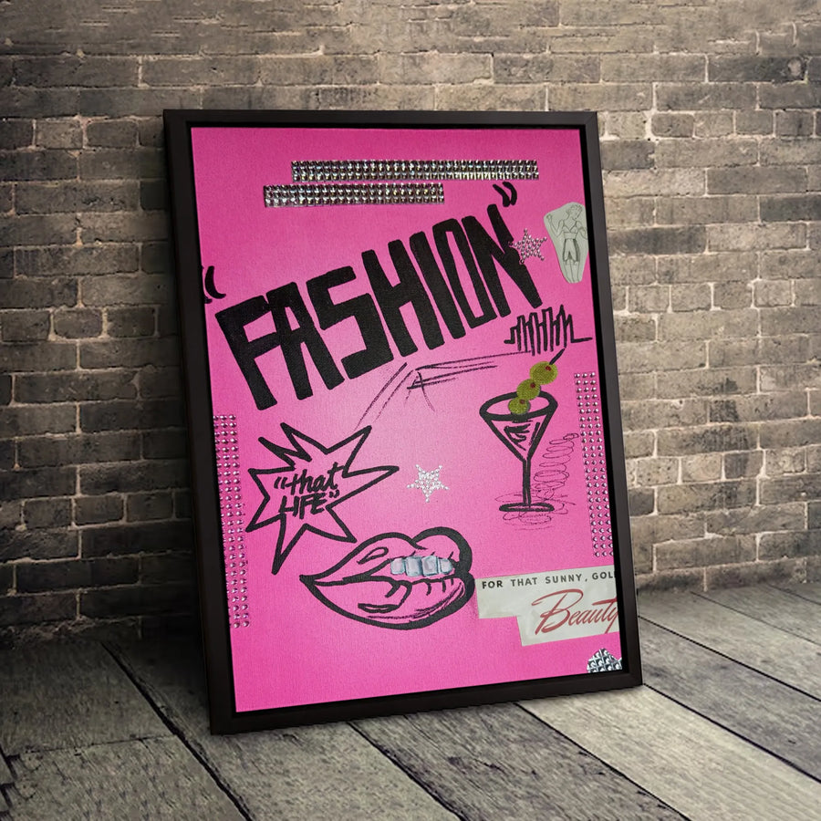 Fashion Wall Art Canvas | Pink Graffiti Collage with Martini & Rhinestones | Gallery-Quality 1.25" Profile | Chic Aesthetic Decor Gift for Her