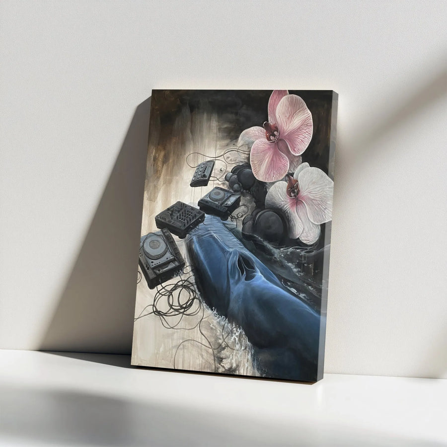 Surreal Whale DJ Vertical Canvas | Abstract Ocean Music & Orchid Art | Premium Thick Gallery Wrap Canvas | Collector's Gift for Music Lover