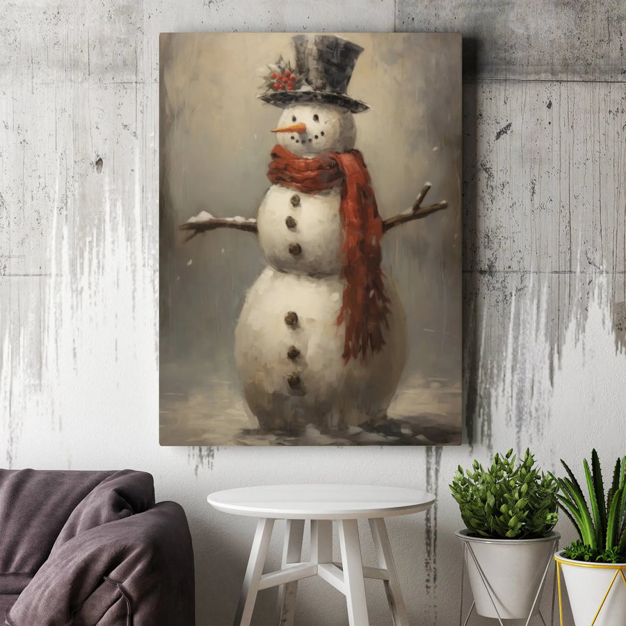 Vintage Christmas Snowman Wall Art | Oil Painting Style Winter Decor | Gallery Quality 1.25" Canvas | Festive Holiday Gift for Home