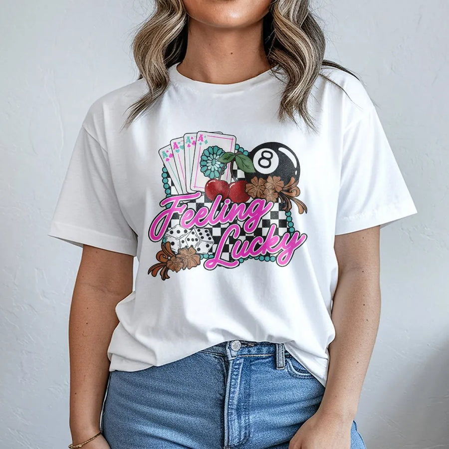 Feeling Lucky Western T-Shirt | Retro Checkered Casino Graphic | Premium Cotton Blend | Vintage Cowgirl Rodeo Gift