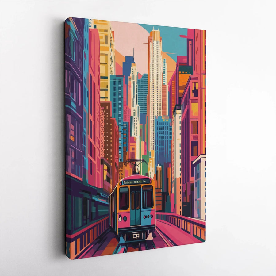 Urban Cityscape Canvas Print | Modern Pop Art Subway Train | Gallery Wrap 1.25" Profile | Vibrant Home Decor Wall Art