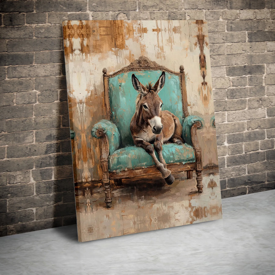 Donkey Wall Art | Whimsical Animal Portrait on Vintage Teal Chair | Premium Gallery Canvas | Farmhouse Home Decor & Unique Gift