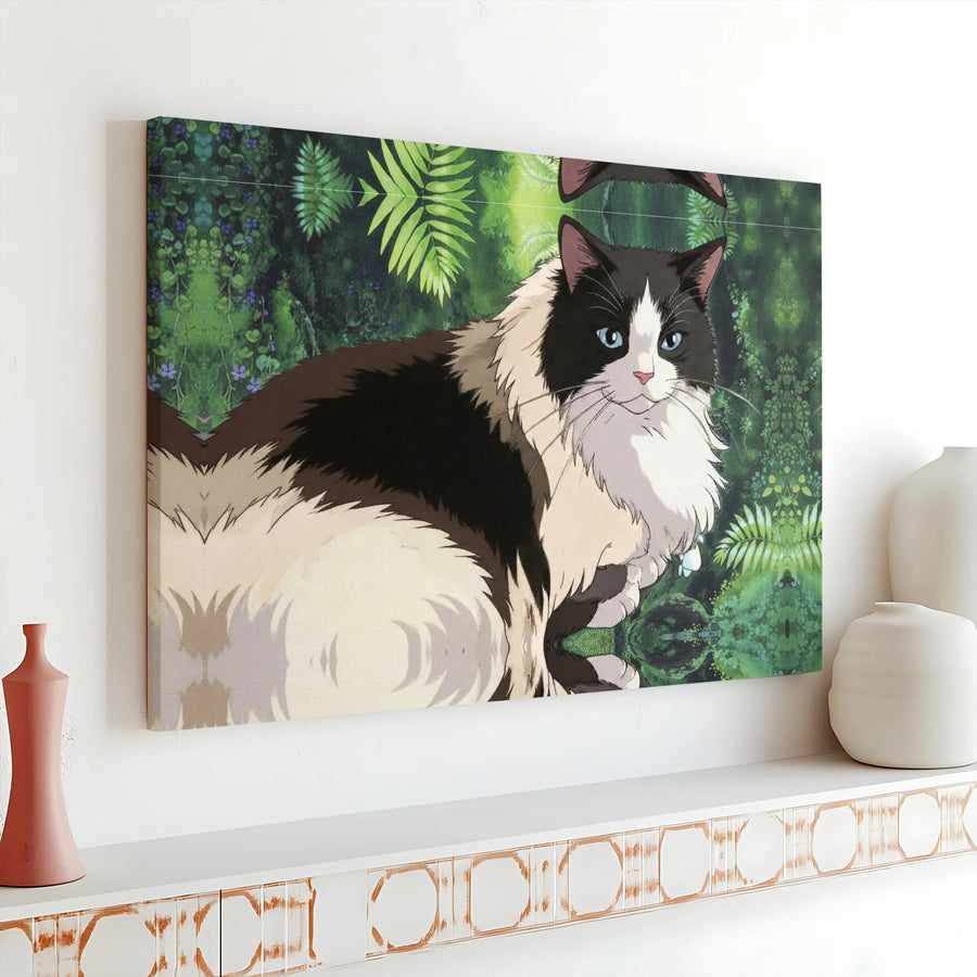 Anime Style Cat Wall Art | Fluffy Black and White Kitty in Enchanted Forest | Premium 1.25 inch Gallery Wrapped Canvas | Gift for Cat Lovers