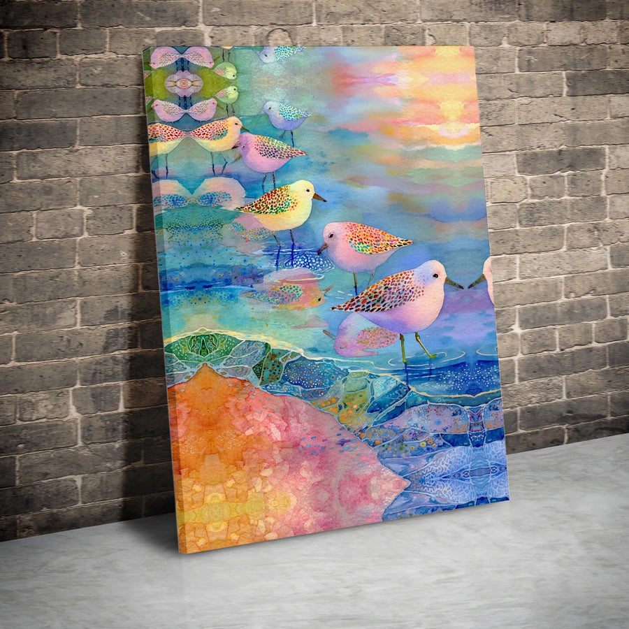 Coastal Birds Canvas Wall Art | Abstract Watercolor Sunset Beach Scene | Premium 1.25" Gallery Wrap | Gift for Beach House Decor