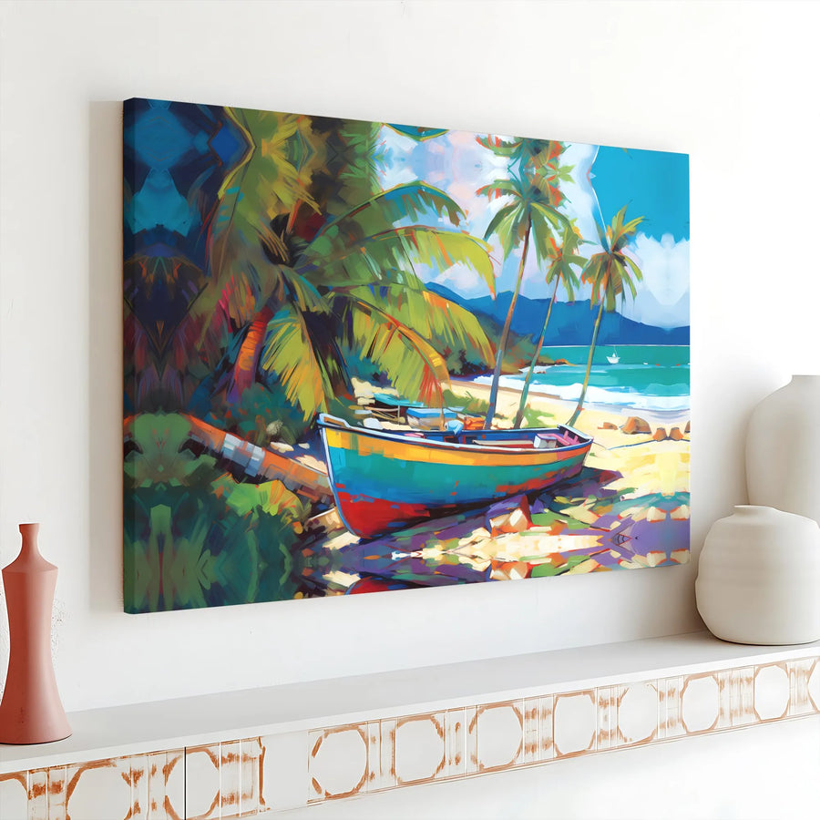 Tropical Beach Canvas Art | Colorful Fishing Boat & Palm Tree Seascape | Premium Stretched Canvas Print | Coastal Living Room Decor Gift