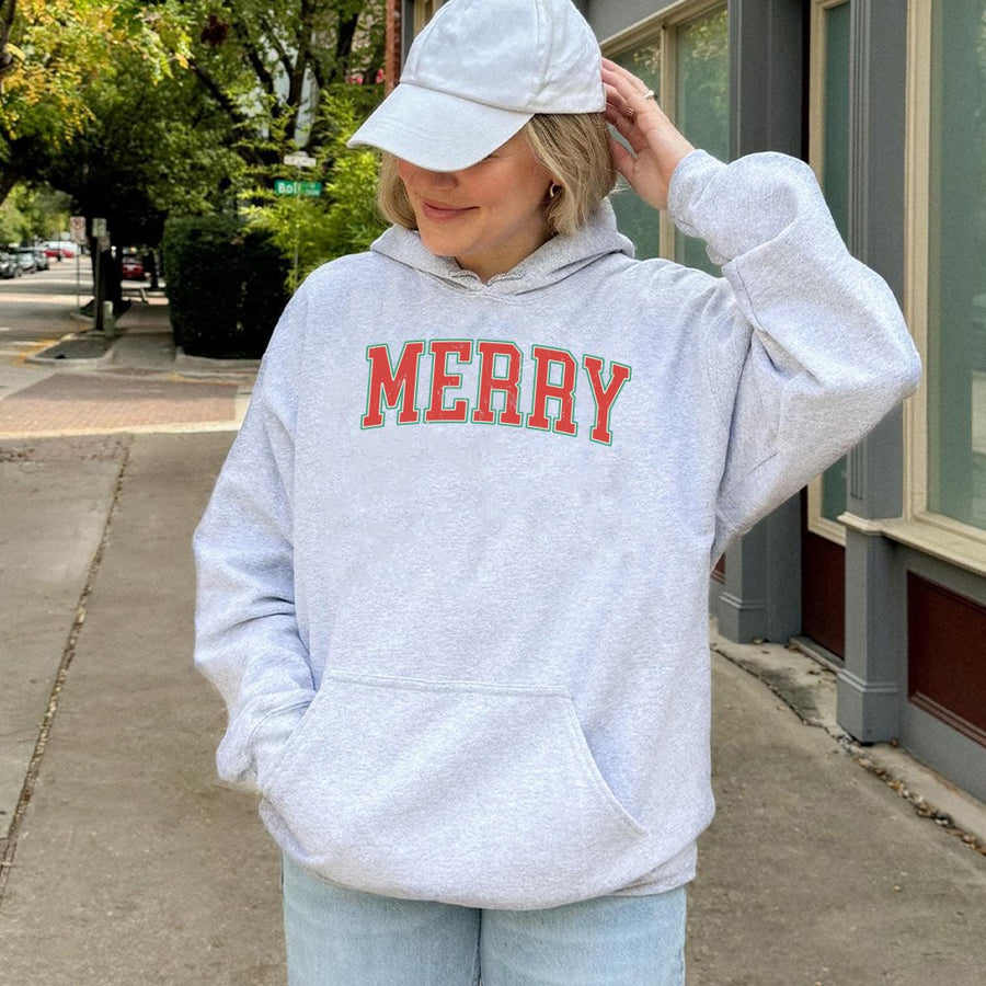 Merry Christmas Hoodie | Retro Varsity Text Holiday Sweatshirt | Premium Cotton Blend | Unisex Festive Winter Gift For Men And Women