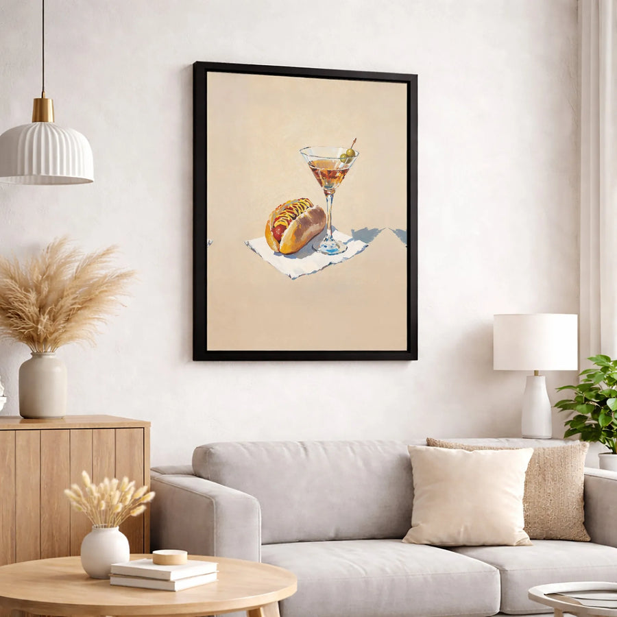 Hot Dog and Martini Still Life Canvas Print | Modern Foodie Bar Art | Premium Gallery Wrapped Decor | Unique Kitchen and Dining Room Gift