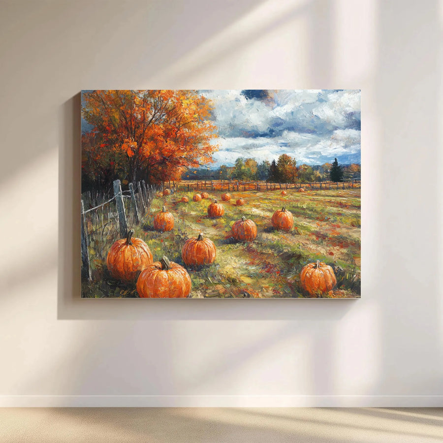Autumn Pumpkin Patch Canvas Wall Art | Rustic Farmhouse Landscape Print | Premium Gallery Wrapped Decor | Fall Harvest Seasonal Gift for Home
