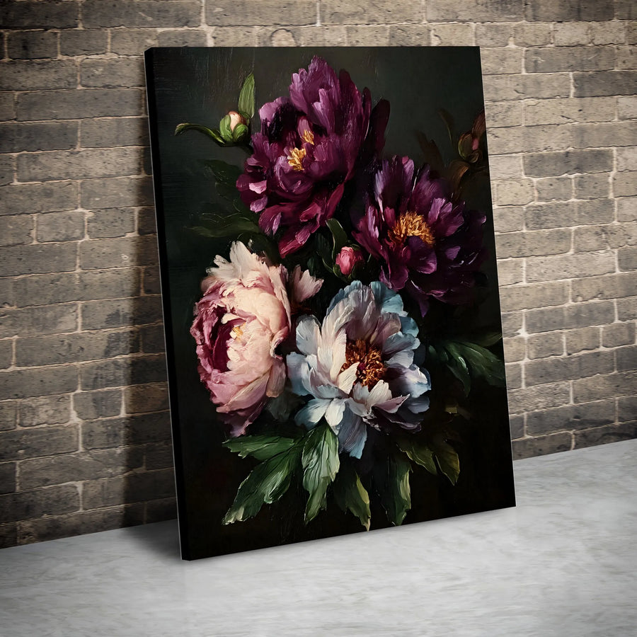 Moody Peony Canvas Wall Art | Vintage Botanical Oil Painting Print | Premium Thick Gallery Wrap | Living Room & Bedroom Home Decor Gift