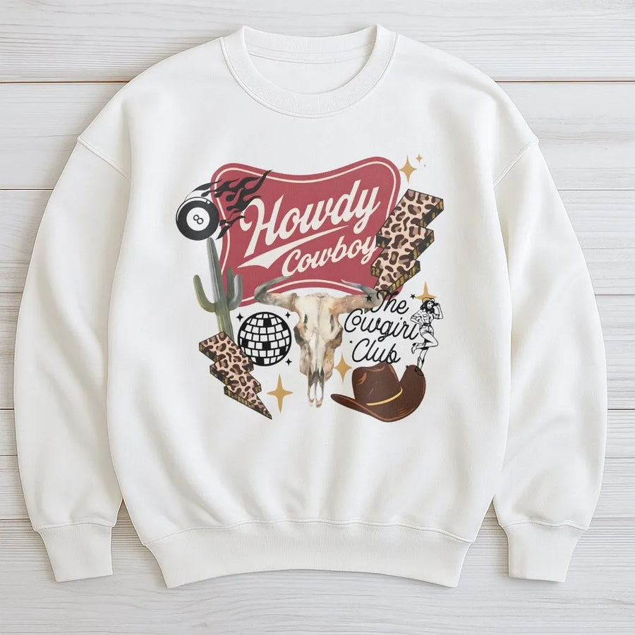 Western Collage Sweatshirt | Cowgirl Club Graphic with Cowboy Skull & Disco Ball | Premium Cotton Blend Sweatshirt | Country Concert Gift for Women