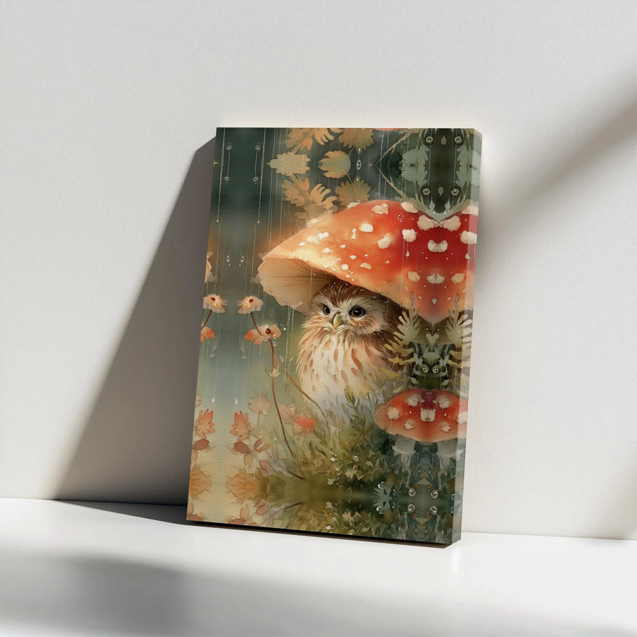 Whimsical Owl Canvas Print | Watercolor Woodland Animal Art Under Mushroom | Premium Canvas | Nursery Decor & Forest Theme Gift