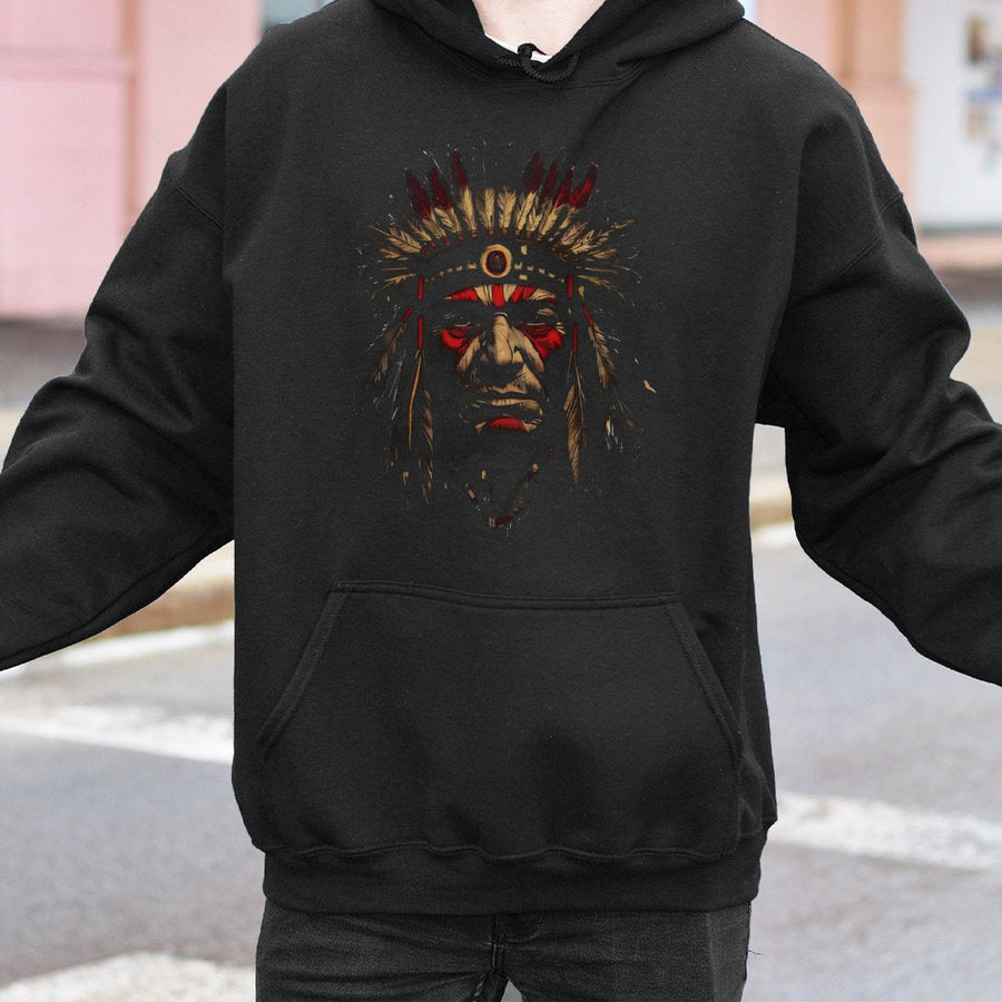 Chief Headdress Hoodie | Native American Warrior Art Graphic | Premium Cotton Blend Pullover | Unisex Gift for Heritage Lovers