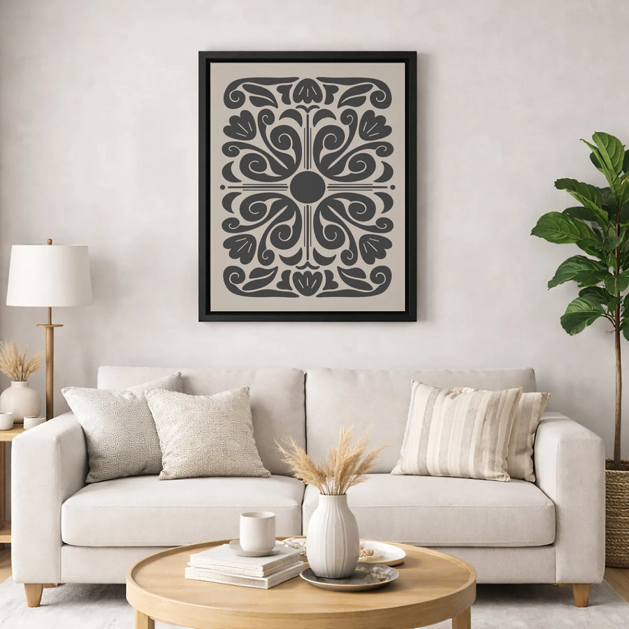 Symmetrical Folk Art Floral Canvas | Black and Beige Botanical Print | 1.25-Inch Gallery Wrap | Modern Minimalist Home Wall Decor