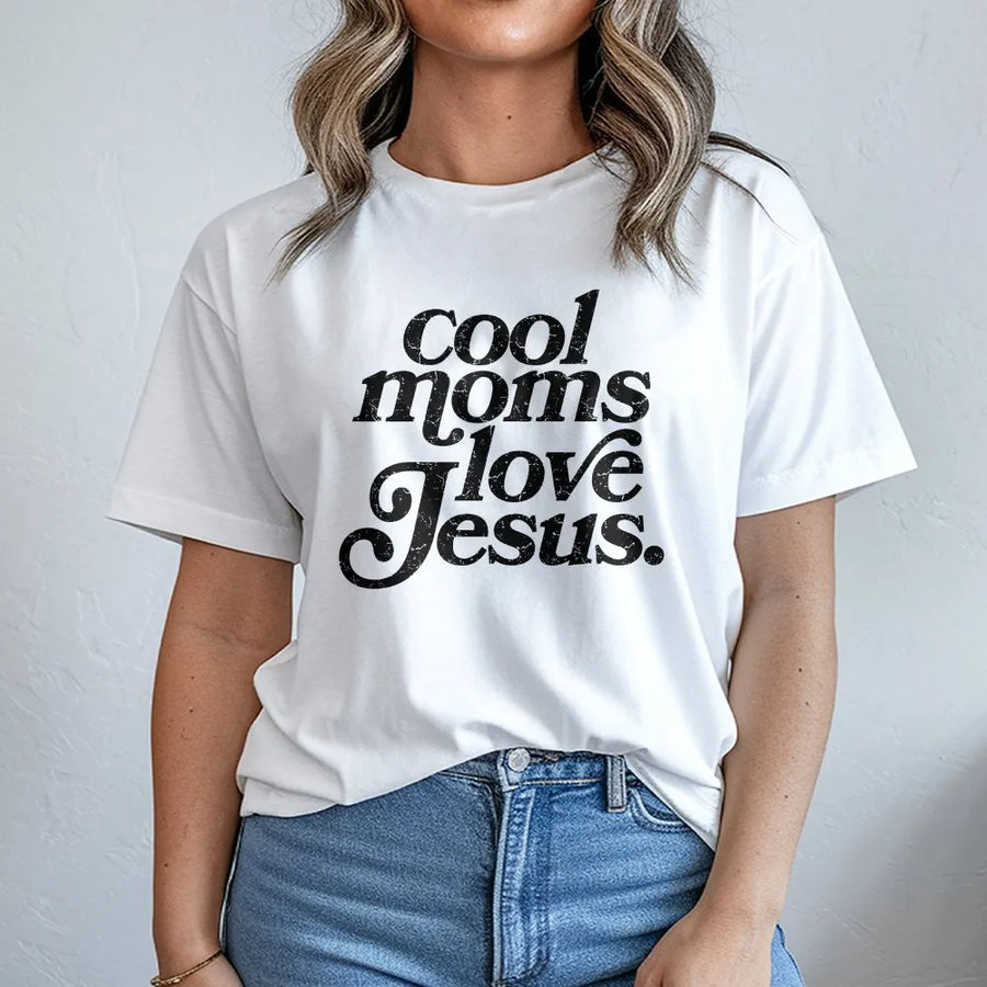 Cool Moms Love Jesus T-Shirt | Retro Distressed Faith Graphic | Soft Cotton Blend Pullover | Christian Mom Gift