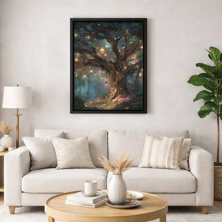 Enchanted Forest Canvas Wall Art | Whimsical Glowing Lanterns Design | Premium Fade-Resistant Gallery Wrap | Magical Nature Decor for Home