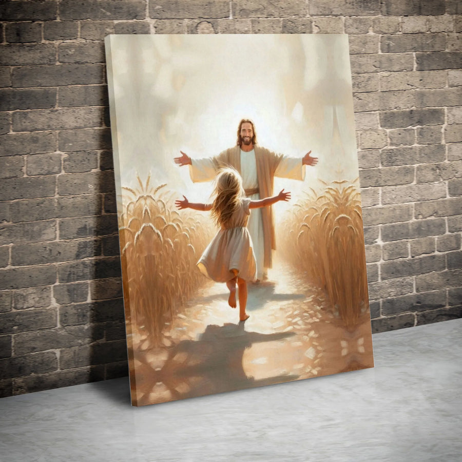 Jesus With Child Canvas Wall Art | Girl Running In Wheat Field Print | Premium 1.25 Inch Gallery Wrap | Religious Home Decor Gift