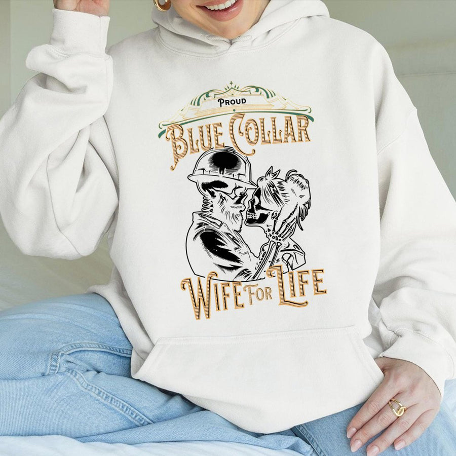 Blue Collar Wife Hoodie | Skull Construction Couple Graphic | Premium Cotton Blend Pullover | Gift for Wife of Hardworking Husband