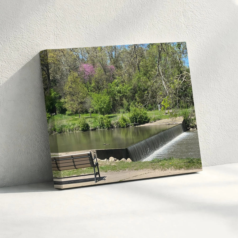 River Park Canvas Wall Art | Peaceful Waterfall & Spring Trees Photo | Premium Fade-Resistant Print | Serene Nature Decor Gift for Living Room