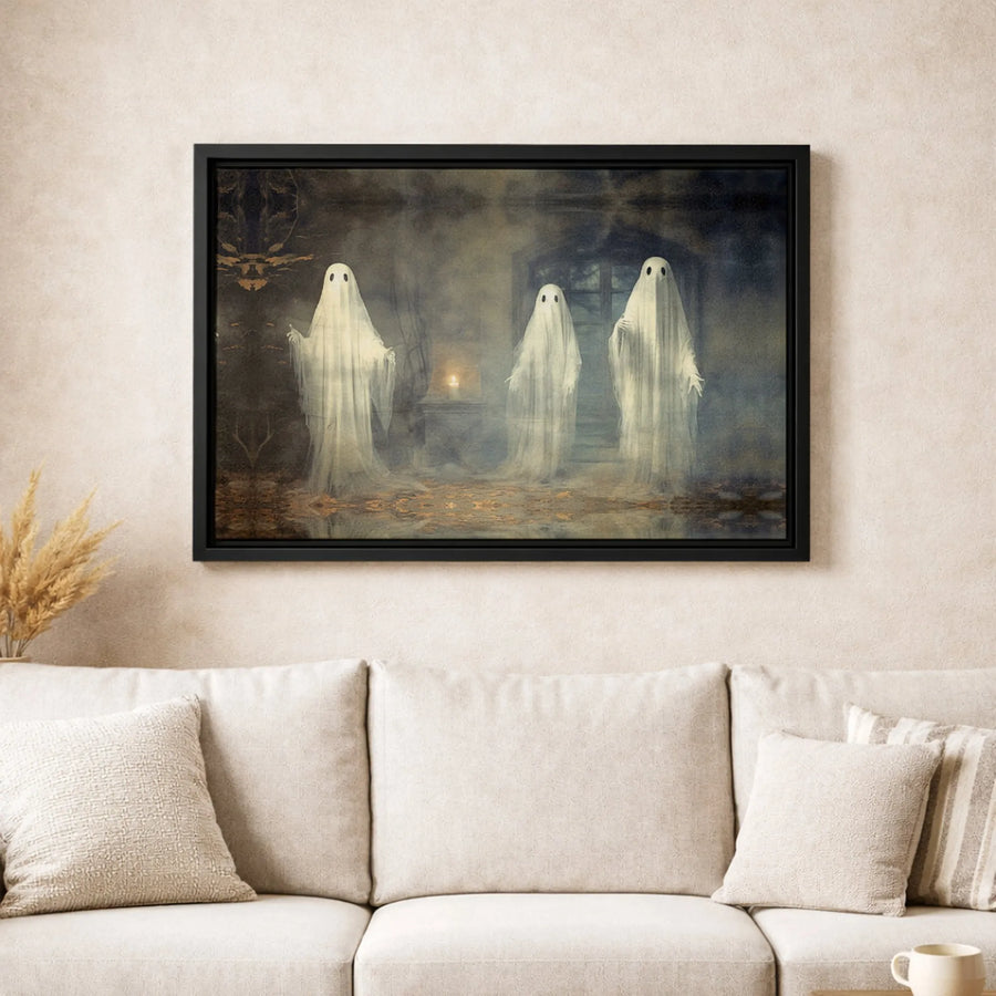 Three Ghosts Canvas Wall Art | Spooky Victorian Manor Painting | Gallery Wrapped Premium Print | Gothic Home Decor Gift For Halloween