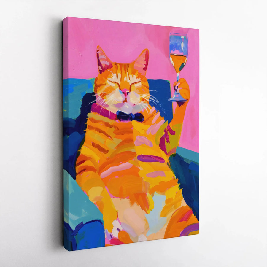 Orange Cat Canvas Art | Whimsical Ginger Cat Drinking Wine Oil Painting | Premium Gallery Wrap Wall Decor | Funny Animal Lover Gift