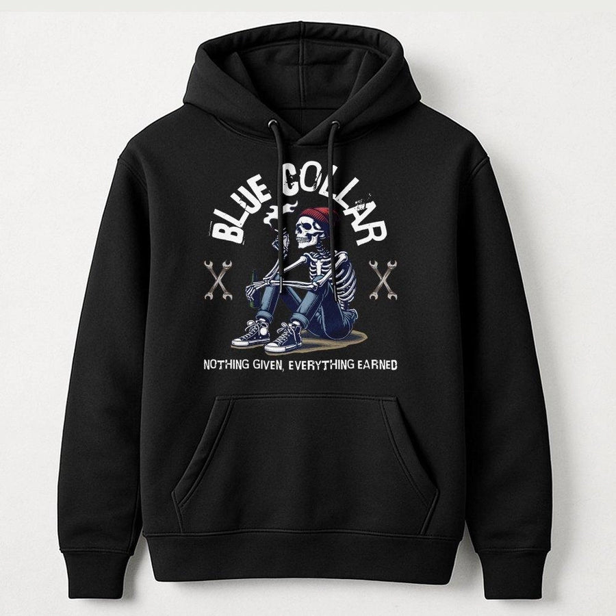 Blue Collar Hoodie | Nothing Given Everything Earned Skeleton Graphic | Premium Cotton Blend Sweatshirt | Gift for Tradesmen Mechanic Builder