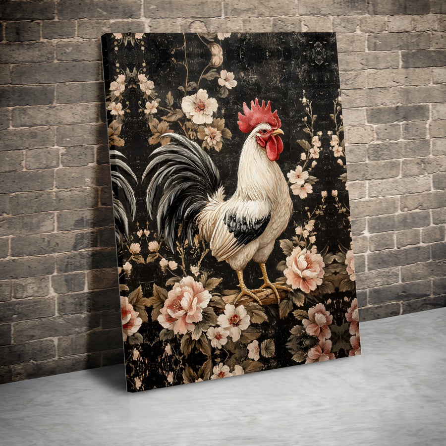 Rooster Canvas Wall Art | Vintage Floral Rooster Painting | Premium Gallery Canvas | Farmhouse Kitchen Decor Gift