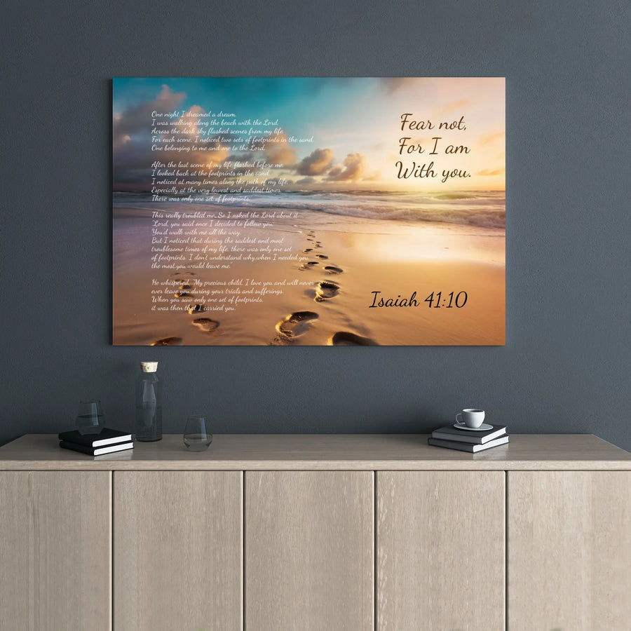 Footprints in the Sand Canvas Wall Art | Isaiah 41:10 Scripture Poem | Premium Gallery Wrapped Religious Home Decor | Inspirational Christian Sympathy Gift