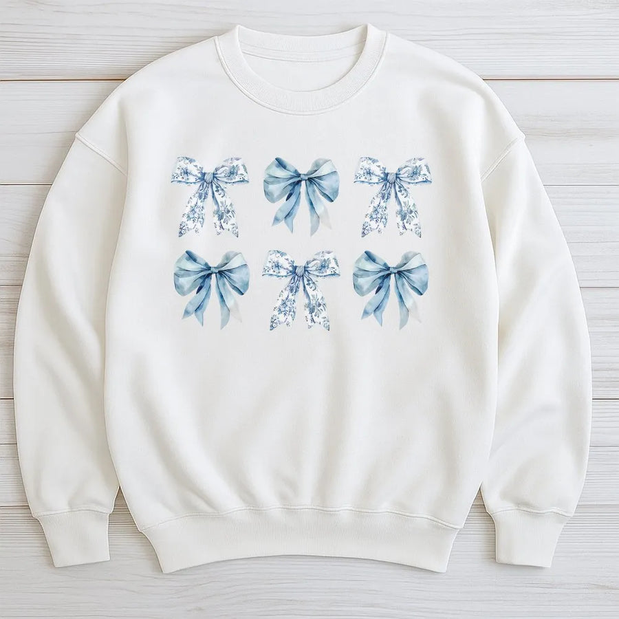 Toile Bow Sweatshirt | Blue Chinoiserie Ribbon Aesthetic | Cotton Blend Premium Pullover | Trendy Coquette Gift For Her