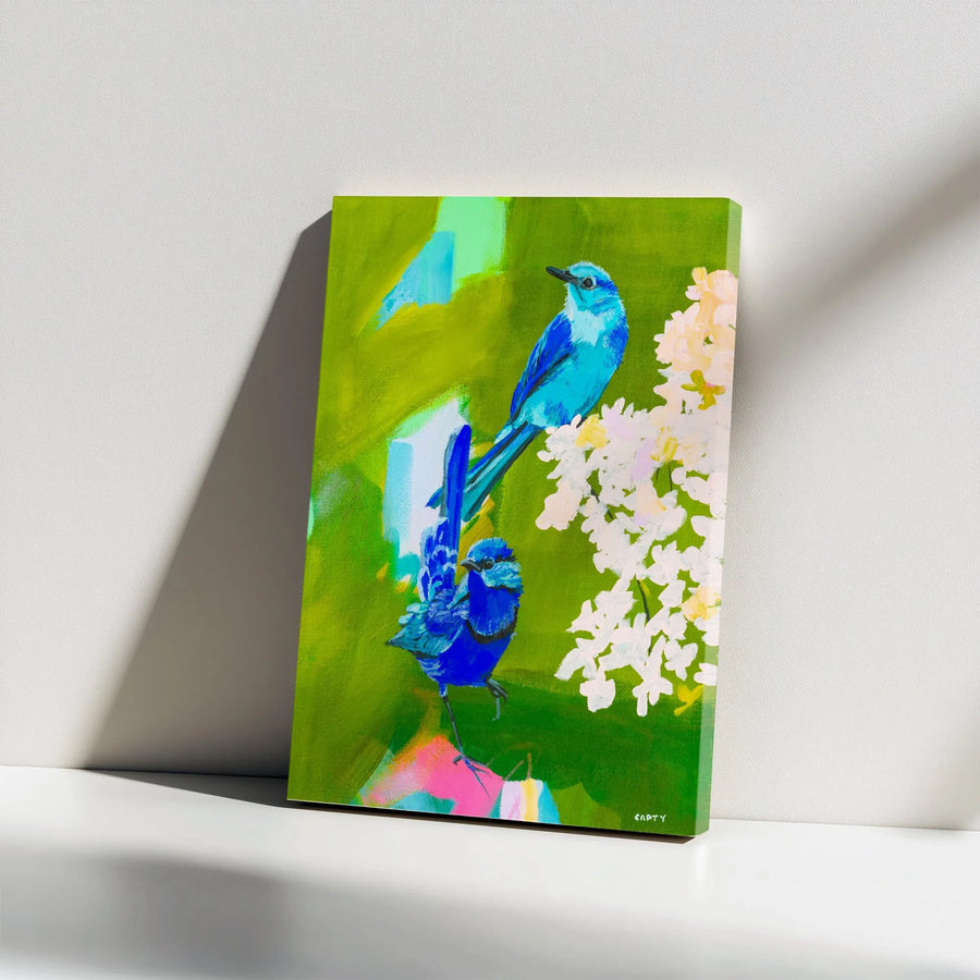 Blue Bird Vertical Canvas | Vibrant Abstract Songbird Painting | Premium High-Resolution Print | Collector's Wall Art for Nature Lover