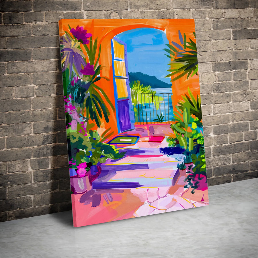 Abstract Coastal View Vertical Canvas | Vibrant Mediterranean Balcony Painting Print | Premium Gallery-Wrapped Wall Art | Modern Home Decor Gift