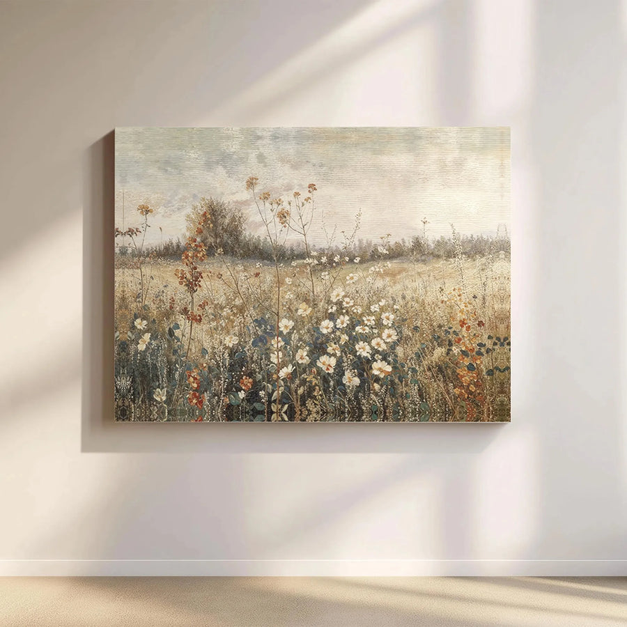 Vintage Wildflower Meadow Canvas | Impressionist Landscape Wall Art | Gallery Wrapped Premium Print | Farmhouse Home Decor for Living Room