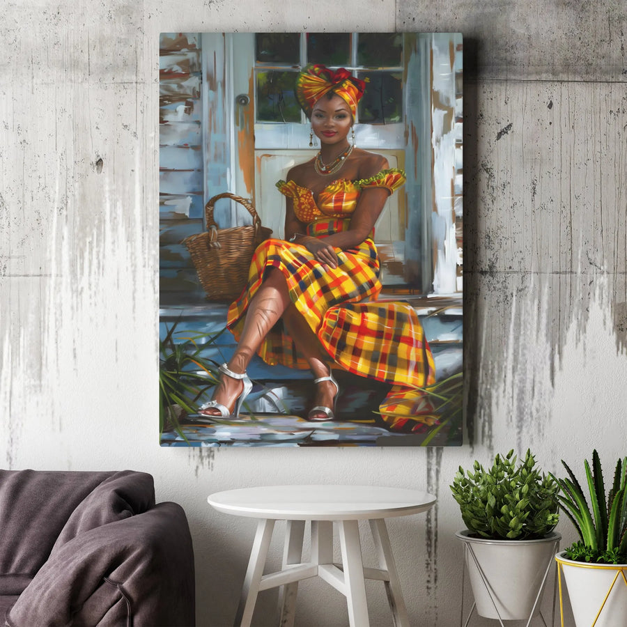 Caribbean Woman Canvas Print | Traditional Madras Dress Portrait | Gallery-Quality Wall Art | Vibrant Cultural Decor for Home