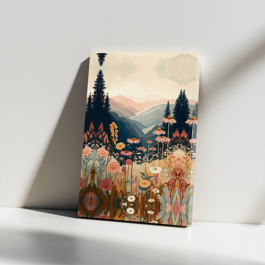 Retro Wildflower Mountain Landscape Vertical Canvas | Botanical Meadow Art Print with Pine Trees | 1.25 Inch Stretched Gallery Wrap | Nature Lover Gift, Aesthetic Wall Decor