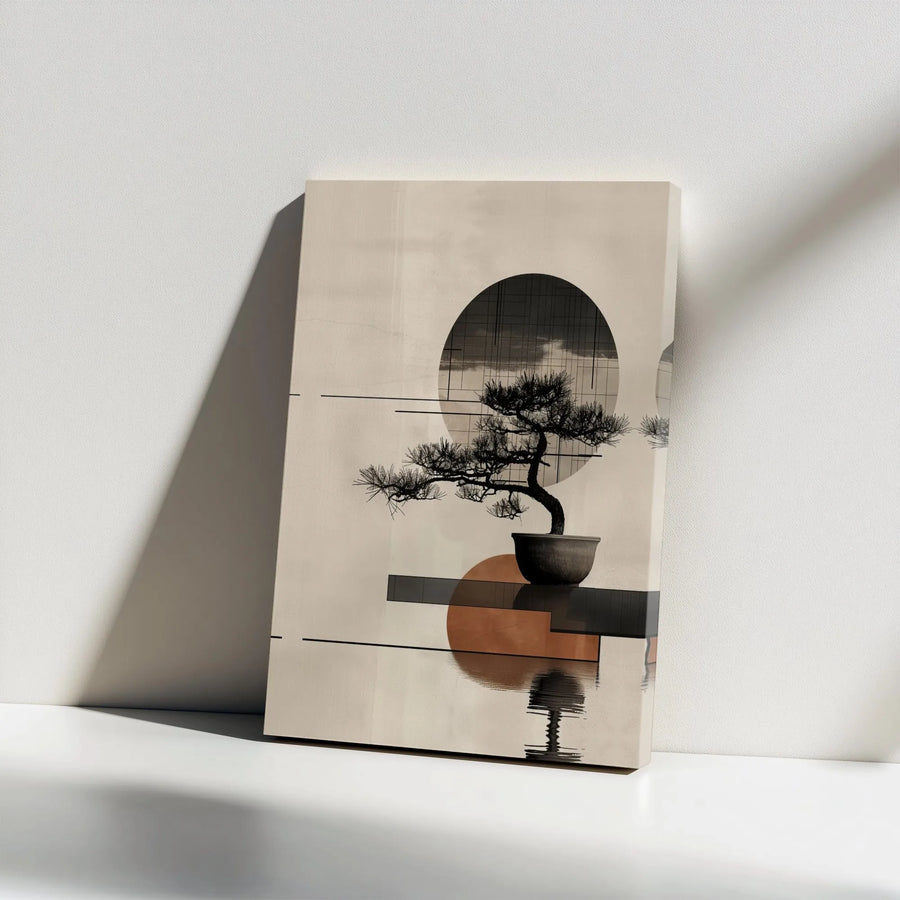 Japandi Bonsai Tree Canvas Wall Art | Geometric Sun Minimalist Print | 1.25 Inch Gallery Wrap | Zen Home Decor for Living Room