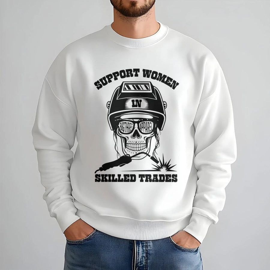 Support Women In Skilled Trades Sweatshirt | Female Welder Skull Graphic Design | Premium Cotton Blend Crewneck | Gift For Women Welders And Tradespeople