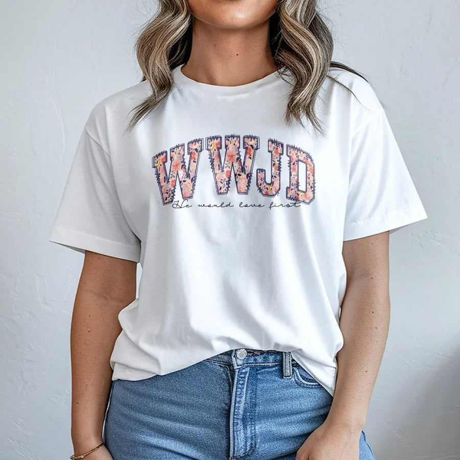 WWJD Christian T-Shirt | Aesthetic Floral Varsity Letters Design | Premium Cotton | What Would Jesus Do Faith Gift for Women