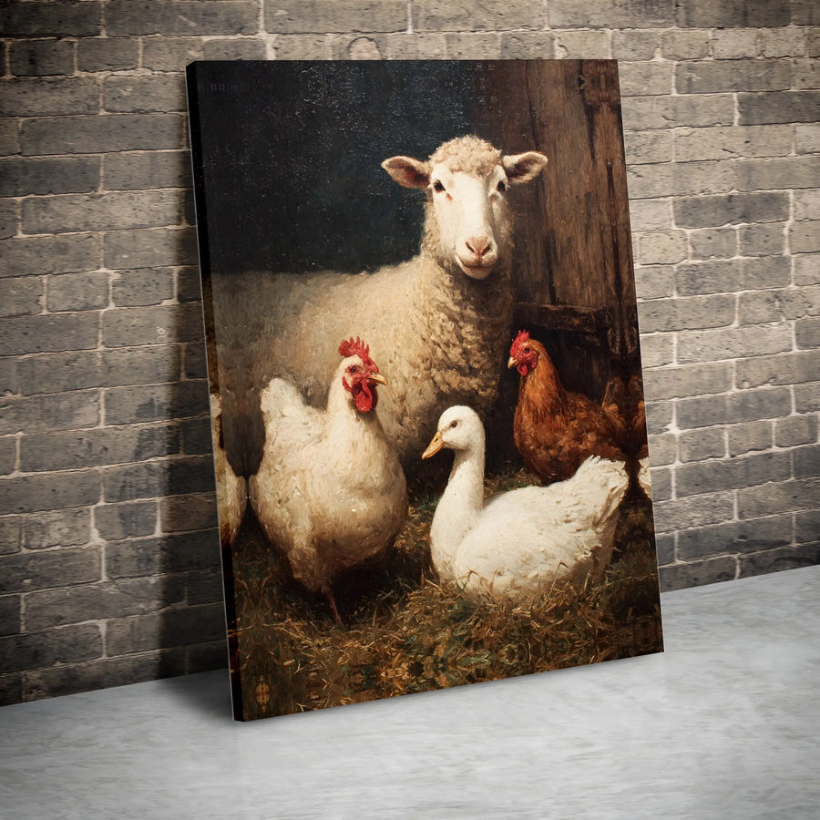 Vintage Farm Animals Canvas Print | Classic Sheep & Chickens Painting | Premium Gallery Wrap Wall Art | Rustic Farmhouse Decor Gift