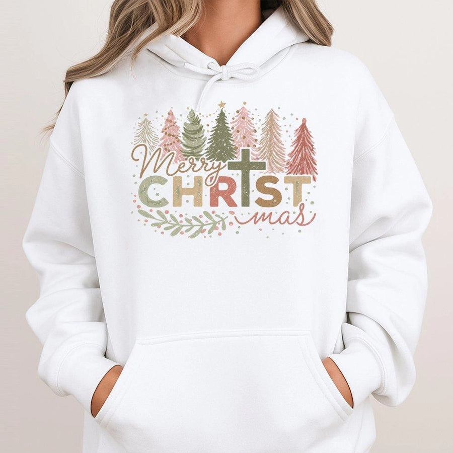 Merry Christ-mas Hoodie | Religious Cross Christmas Tree Graphic | Soft Cotton-Blend Unisex Pullover | Christian Holiday Gift for Women & Men