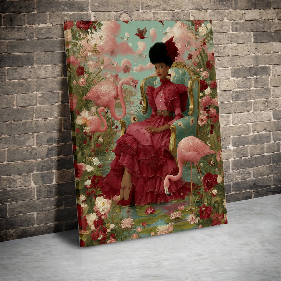 Black Woman Flamingo Canvas Print | Maximalist Victorian Floral Art | Premium Gallery Wrapped Wall Decor | Unique Afrocentric Home Gift