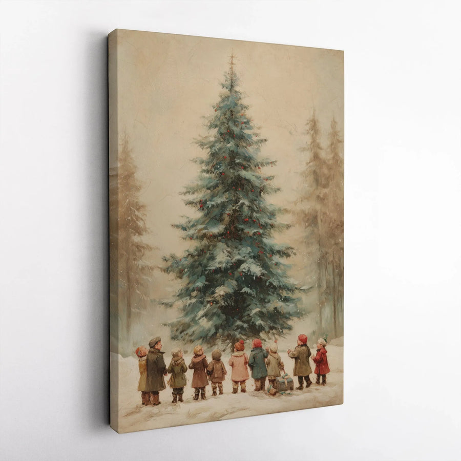 Vintage Christmas Tree Canvas Print | Children Snow Scene Art | 1.25" Gallery Wrap Premium Decor | Holiday Wall Art Gift For Home
