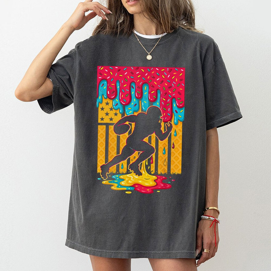 Football Player T-Shirt | Ice Cream Drip American Flag Graphic | Premium Cotton Unisex Tee | Gift for Football Fans