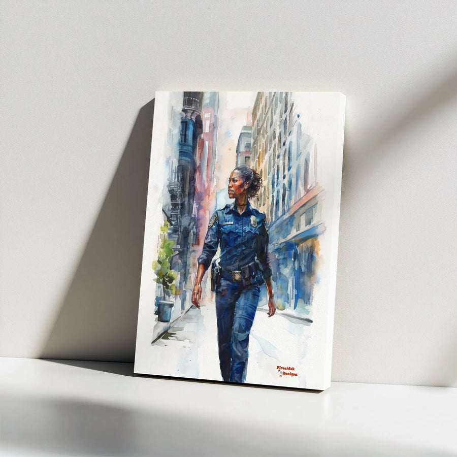 Black Woman Police Officer Canvas Wall Art | Watercolor Law Enforcement Portrait | Premium Gallery Wrapped Canvas | Gift for Female Cop & Thin Blue Line Decor