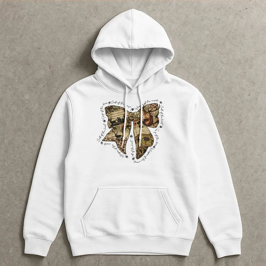 Hunting Bow Hoodie | Camo Deer Antler Coquette Aesthetic | Premium Cotton Blend Pullover | Gift for Hunters and Outdoorswomen