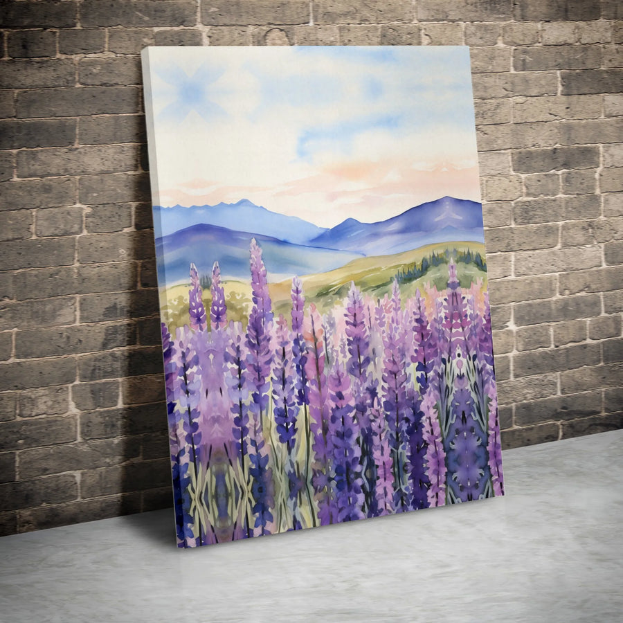 Watercolor Lavender Field Canvas | Vibrant Floral Mountain Landscape Print | Premium Gallery Wrapped Canvas | Modern Farmhouse Decor Gift