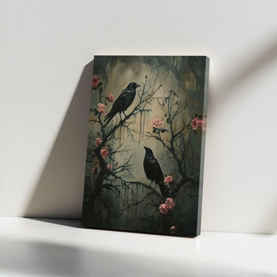 Gothic Crows and Roses Canvas Wall Art | Dark Academia Raven Decor | 1.25 Inch Gallery Wrap | Moody Botanical Gift for Home Office